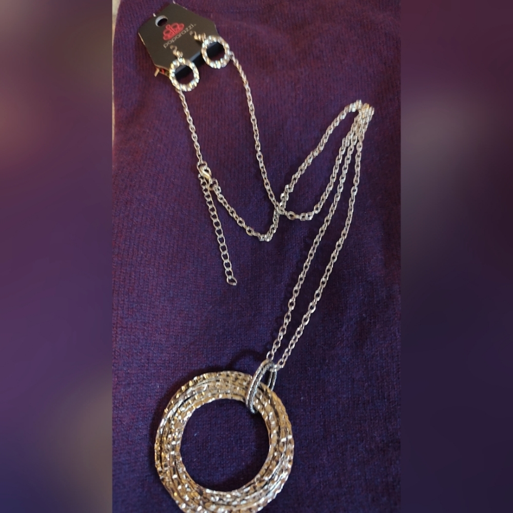 Silver Plated Hammered Long Circles Necklace and Earrings